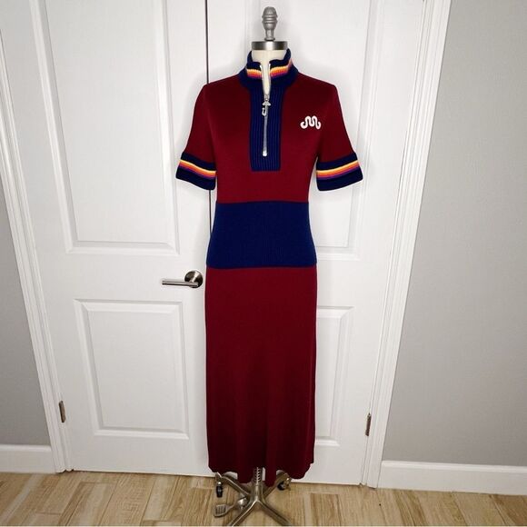 $1250 Marina Moscone Cycling Wool Dress Turtleneck Sweater M Red Burgundy Blue - Picture 5 of 12